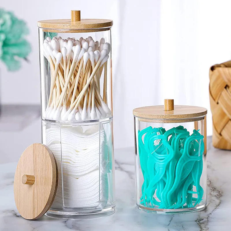 Description Picture 3 of item1/2pcs Cotton Swab Storage Box Makeup Jewelry Organizers Round Transparent Acrylic Jar Bathroom Cosmetic Home Organization