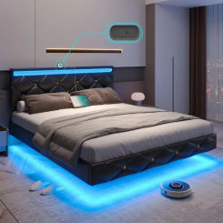Large Floating Bed Frame with Headboard, Soft Cushioned Platform Bed, with LED Lights, Imitation Leather Low Bed Frame, Black