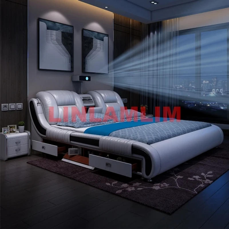 Description Picture 3 of itemGenuine Leather Bed Multifunctional Beds Ultimate Massage Camas with Bluetooth,Speaker,Safe,Air Cleaner, Projector,Drawers