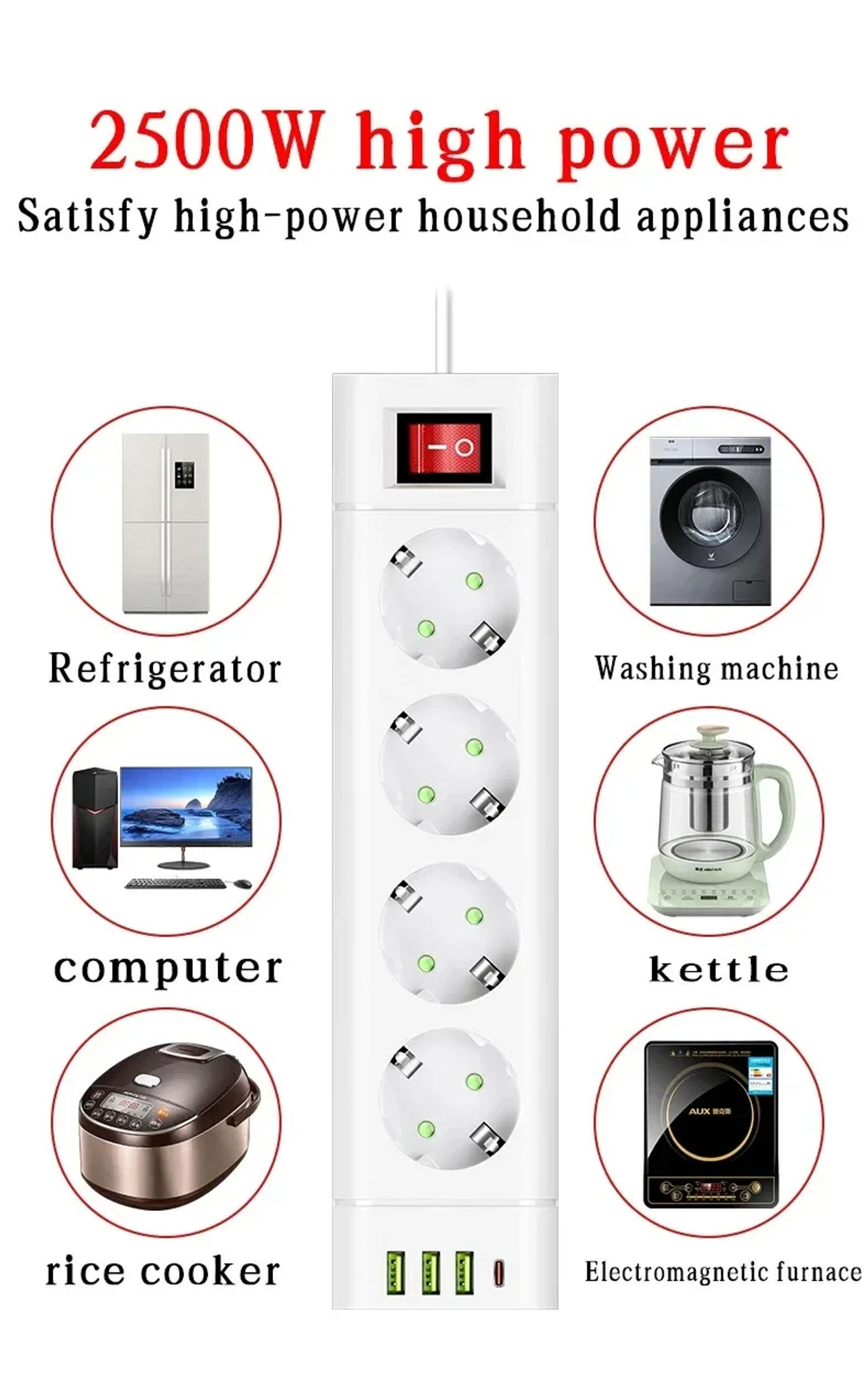 Description Picture 6 of itemEU Plug Power Strip DC Outlet Extension Cord 3/4/5 Electrical Socket with 3 USB Type-C Port 2500W Multicontact Home Appliance