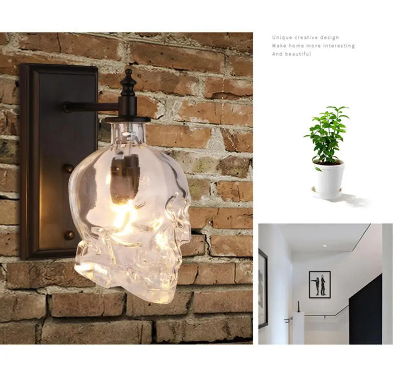 Description Picture 3 of itemRetro Skull Bones Wall Lamp Loft Sconces Clear Glass Bottle Wall Art Light Fixtures for Dinning Room Bar Industrial Home Decor