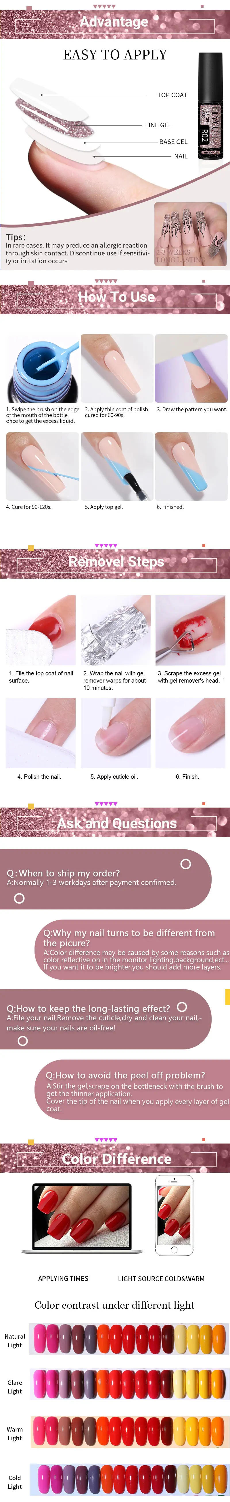 Description Picture 4 of itemLILYCUTE 5ML Champagne Gold Reflective Glitter Liner Gel Nail Polish Bright Sparkling French Semi Permanent Nail Painting UV Gel