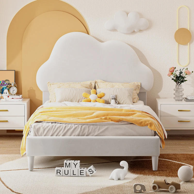 Description Picture 3 of itemTwin Size Upholstered Cloud-Shape Bed ,Velvet Platform Bed with Headboard,No Box-spring Needed,Beige/Pink.