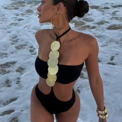 Sexy One Piece Swimsuit Solid Black Swimwear Women Bathing Suit Strappy Bandeau Beachwear Backless Hollow Out Monokini Female