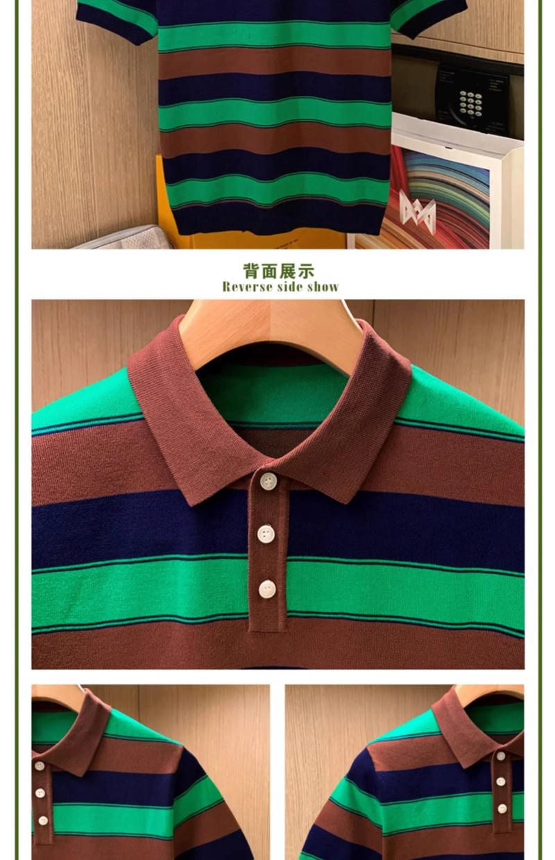 Description Picture 3 of item2024 New Fashion Brand Polo Shirt Men's Summer Turn Down Collar Slim Fit Contrast Color Button Breathable Polos Casual Men W47