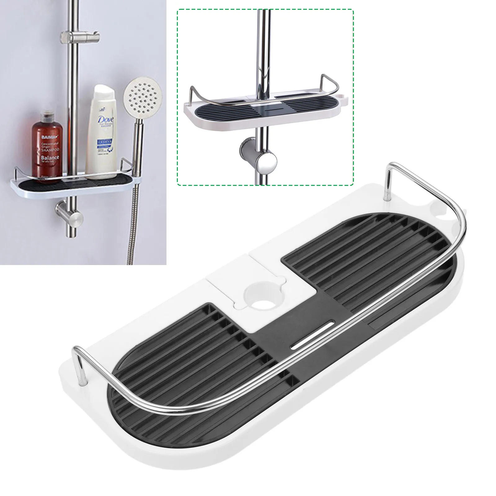 Description Picture 4 of item1set Bathroom Shower Rod Tray Adjustable Rack Shelf Soap Net Dish Organizer Stainless Steel Punch-Free Hold Shampoo Comb Towel