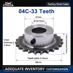 1pc 04C Sprocket 33Teeth Inner Hole 8/10/12mm 25H 45# Steel Sprocket Table Wheel Finished Hole Sprocket Screw Hole M5