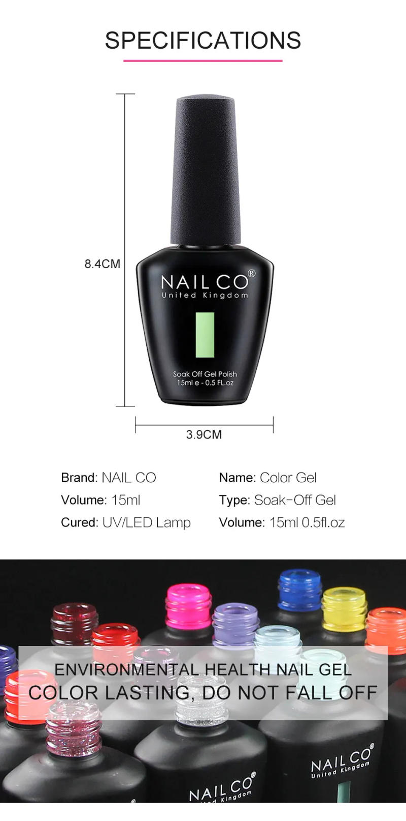 Description Picture 3 of itemNAILCO 15ml Colors Gel Nail Polish Vernis Semi Permanent Solid Soak Off UV Gel Varnish Nail Art Manicure Base Top Coat Nail Glue