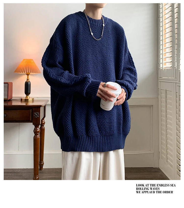 Description Picture 5 of item2024 Men's Autumn Winter Retro Long Sleeve Sweater Tops Male Oversize Loose Knitted Tops Men Solid Color Casual Pullovers S249