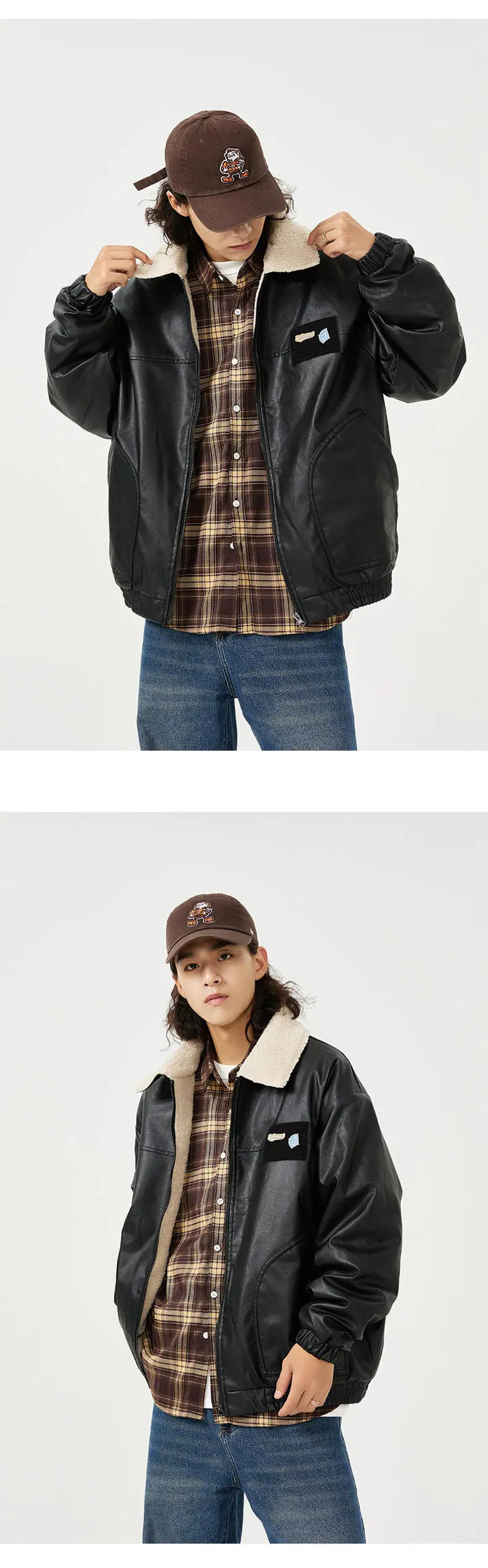 Description Picture 2 of itemMen Winter Lamb Faux Fur Lining Thick Warm Vintage Leather Bomber Jacket Cityboy Streetwear Fashion Loose Casual Coat Outerwear