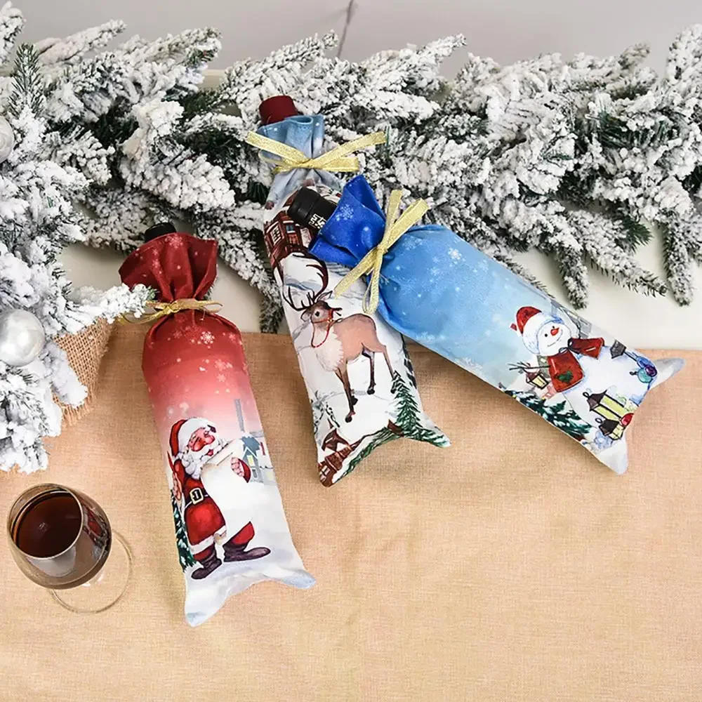 Description Picture 2 of itemWine Bottle Cover Christmas Santa Snowman Elk Drawstring Candy Bag Party Decor Wine Bottle Cover
