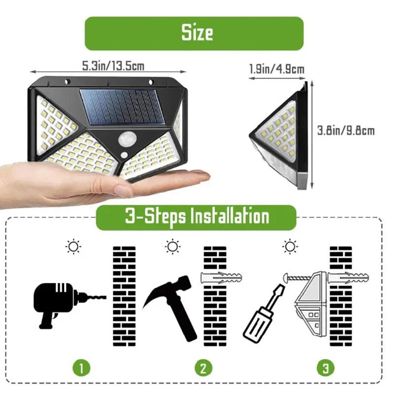 Description Picture 6 of item1-10PC 100 LED Solar Wall Light Waterproof Outdoor Solar Lamp Wireless Solar Powered Sunlight Street Light for Garden Decoration