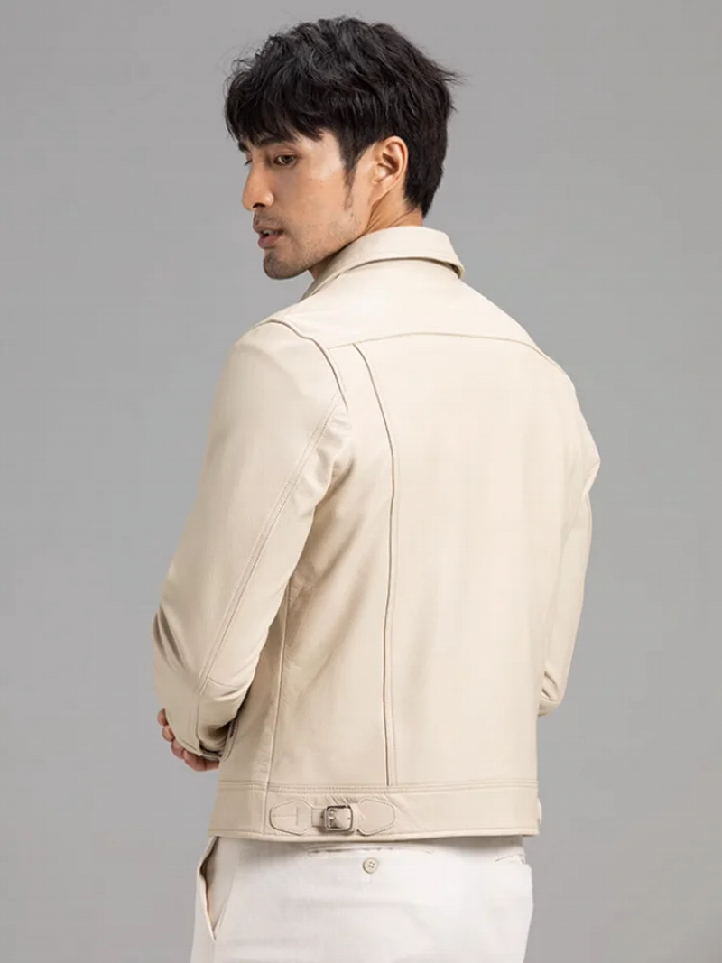 Description Picture 3 of itemItalian Designer Mens Slim Fit Beige Goatskin Business Work Coat Zipper Short Genuine Leather Jacket Autumn Real Leather Coats