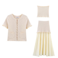 Women's Round Neck Breasted Short Sleeved Knitted Cardigan High Waisted Knitted Skirt Chest Wrapped Top Three Piece Set