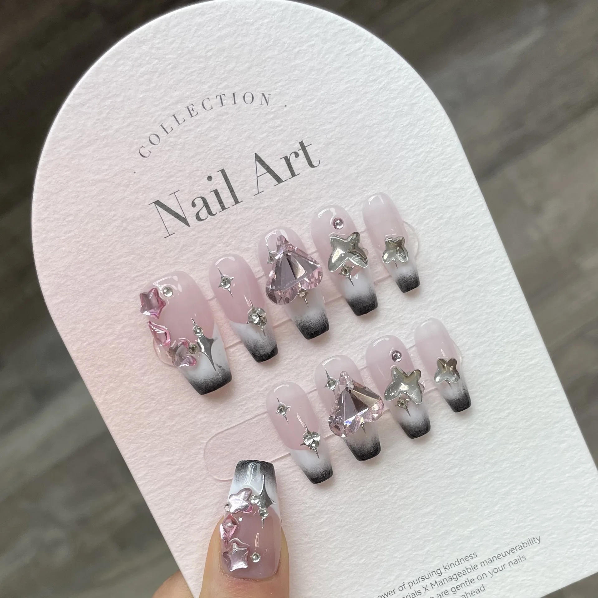 Description Picture 3 of item10Pcs Pink French Y2k Nail Tips Long Ballet Handmade Fake Nail Wearable False Nails with Rhinestone Press on Nails Manicure