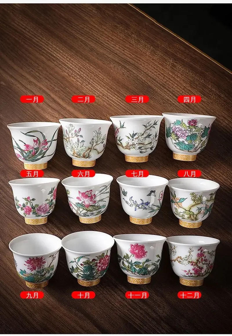 Description Picture 4 of itemKung Fu Tea Cup Twelve Flower Gods Set Enamel Pastel Ceramics 12 Pieces Gift Box Host's Ceramics & Pottery Chinese Teaware Bar