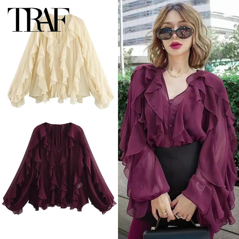 Description Picture 4 of itemTRAF Woman 2025 Ruffle Shirt Spring Summer Shirts & Blouses Semi-Sheer Button Oversized Shirt Elegant Tierred Resort Blouses 066