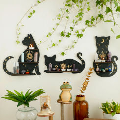 Black Cat Wooden Shelf Moon Phase Floating Shelf Chakra Crystal Holder Stone Display Stand Wall Decor Witchy Home Decorations