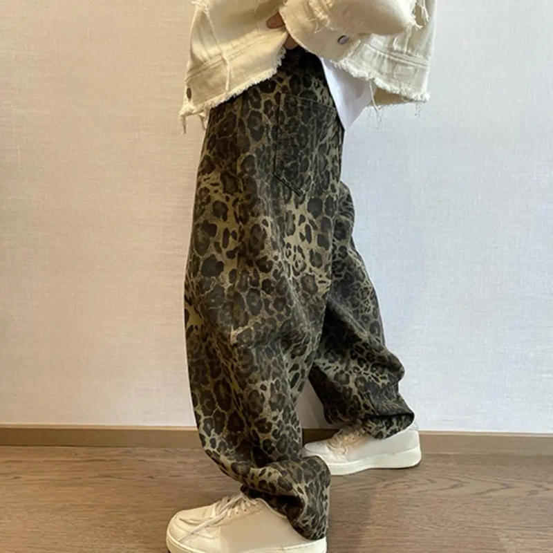 Description Picture 4 of itemLoose Fit Pants Leopard Print Hop Pants with Crotch Breathable Pockets for Men Retro Style Full Length Trousers for Streetwear