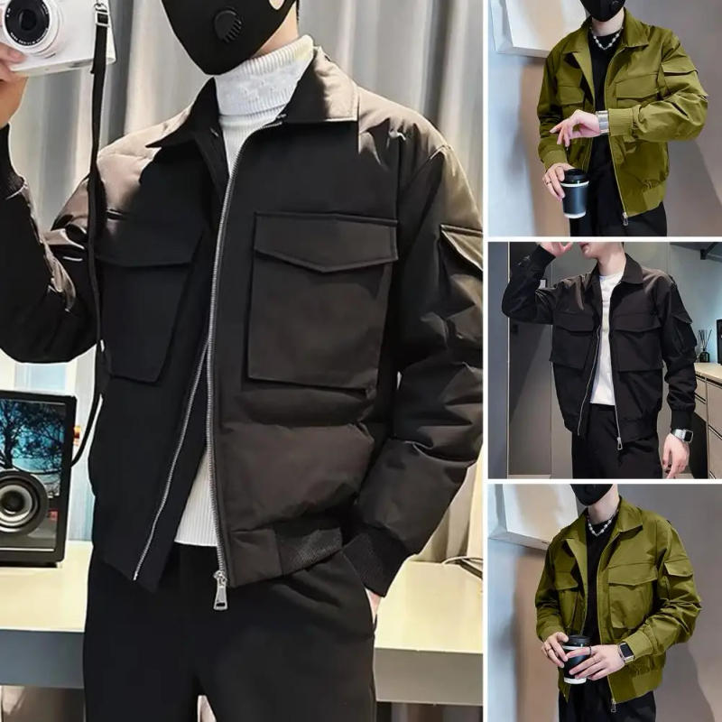 Description Picture 3 of itemMen Jacket Loose Long Sleeve Buttons Lapel Jacket Multiple Pockets Outerwear Casual Smooth Hip Hop Streetwear Men Coat 남성 외투