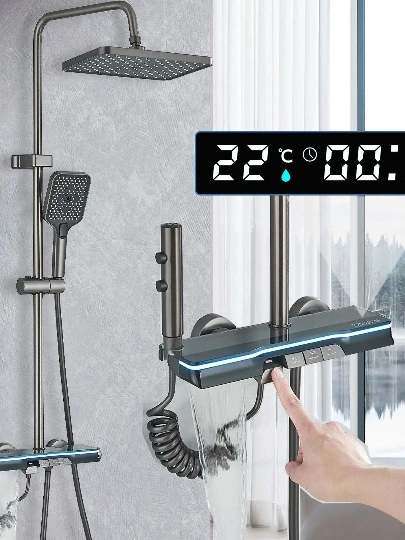Description Picture 2 of itemGun Grey Adjustable Shower Faucet Set Rainfall  Shower Head Bathroom Shower Mixer Tap Wall Mounted Hot Cold Shower Mixer Kits