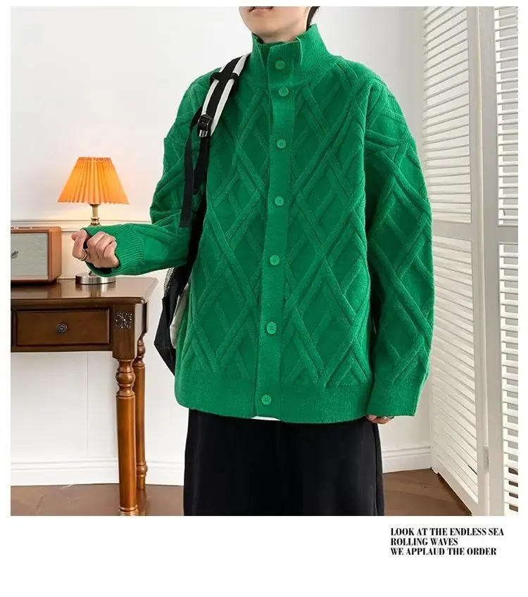 Description Picture 5 of itemWinter Check Pattern Stand Collar Knitted Cardigan Couple Loose Casual High Street Sweater Jackets Men Tops Male Clothes