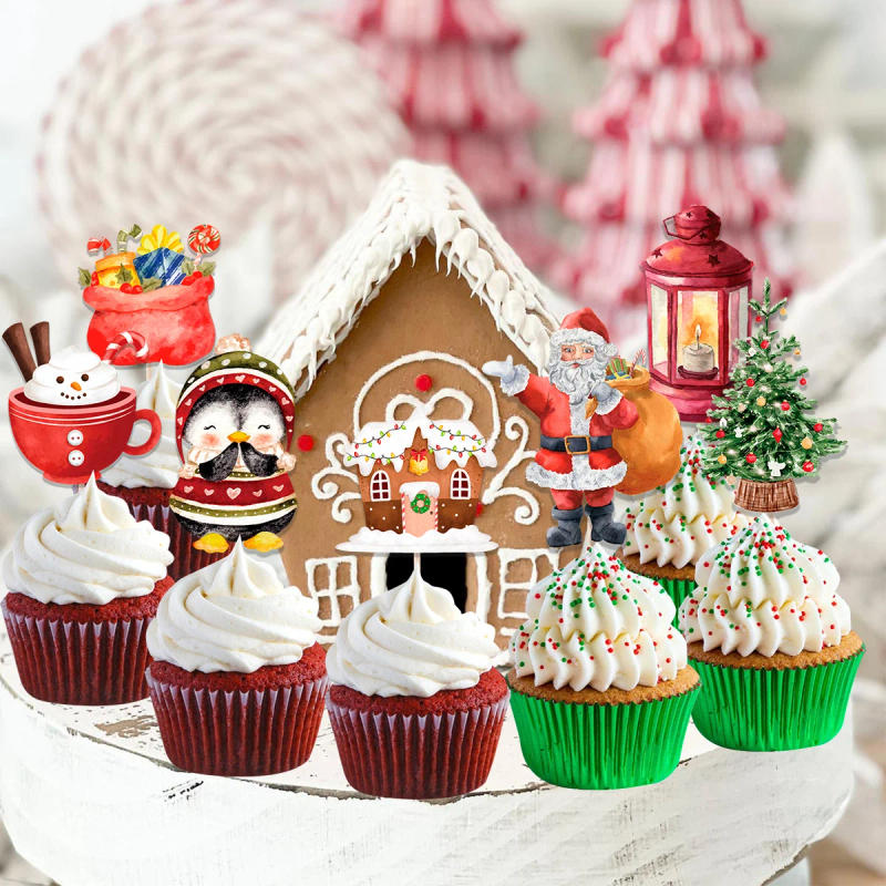 Description Picture 6 of item24Pcs Carton Christmas Cake Toppers Santa Claus/Snowman/Penguin Toppers For Merry Xmas Party Cupcake Decorations Supplies