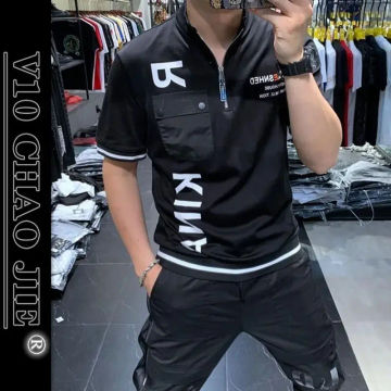 Male Polo T Shirts Rock Streetwear Zipper Clothing Goth Grunge with Collar Tee Shirt for Men Trashy Y2k Top Alphabet Cool New In