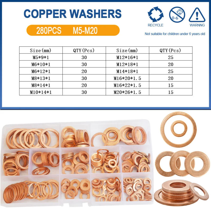 Description Picture 3 of itemPure Copper Flat Washer Suite Solid Metal O-Ring Gasket Oil Sump Plug Seal Valve Cover The M5 M6 M8 M10 M12 M14 M16 M20 Gasket