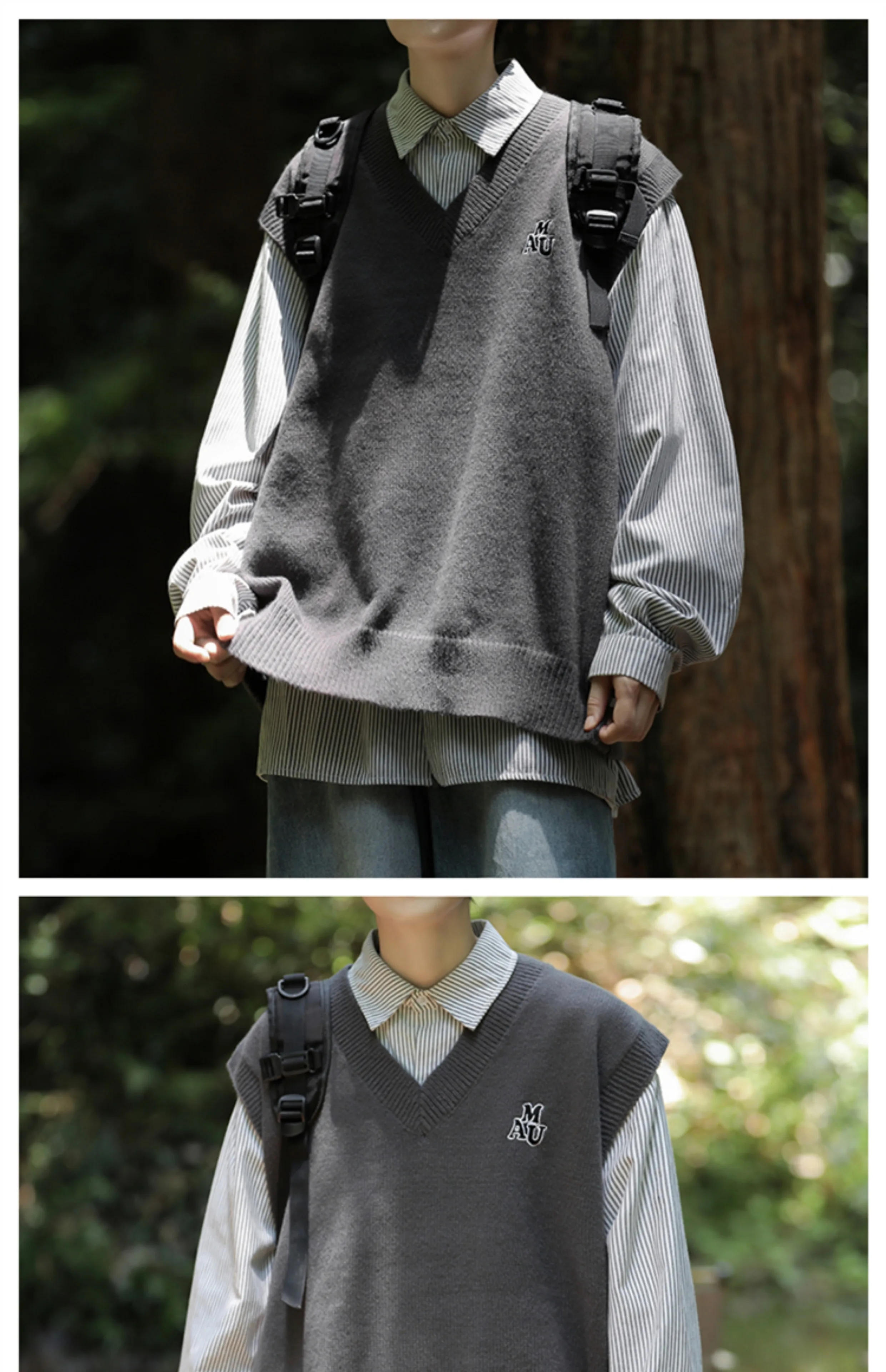 Description Picture 6 of itemMen Sweater Vest Preppy Embroidery V-neck All-match Vintage Knitwear Korean Stylish Fashion Baggy Unisex Simply Harajuku Casual