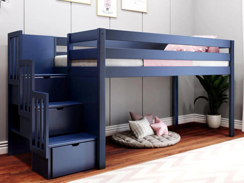 Description Picture 2 of itemContemporary Low Loft Twin Bed with A 3 Drawer Stairway Blue Made with Solid Wood Including Knot Free New Zealand Pine