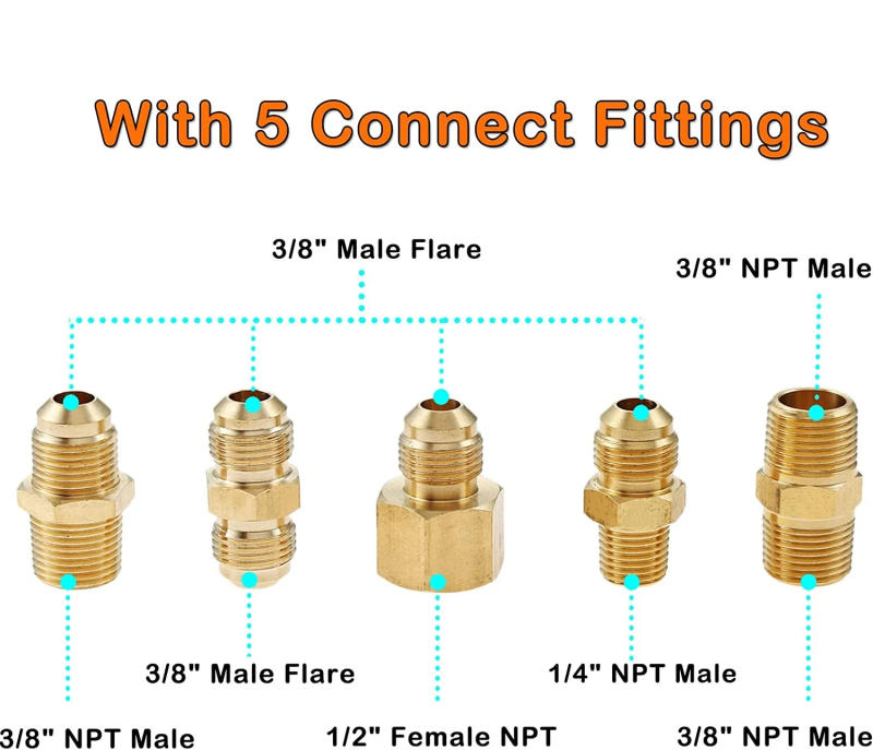 Description Picture 5 of item6pcs/1kit 10 Feet High Pressure Braided Propane Hose Conversion Coupling 1/4" Male NPT 3/8" Male Flare 3/8" Flare to 1/2" Female