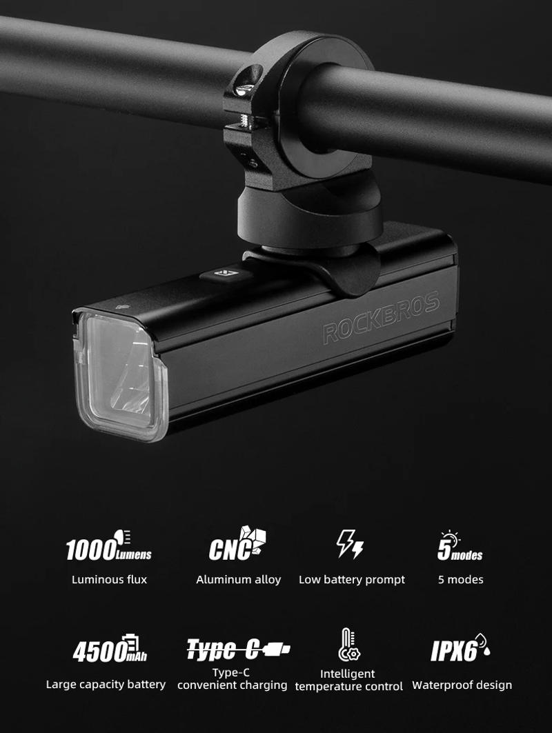 Description Picture 2 of itemROCKBROS Bike Front Light IPX6 Rainproof Type-c Rechargeable Bicycle Light 1000LM Cycling Headlight LED Flashlight MTB Bike Lamp