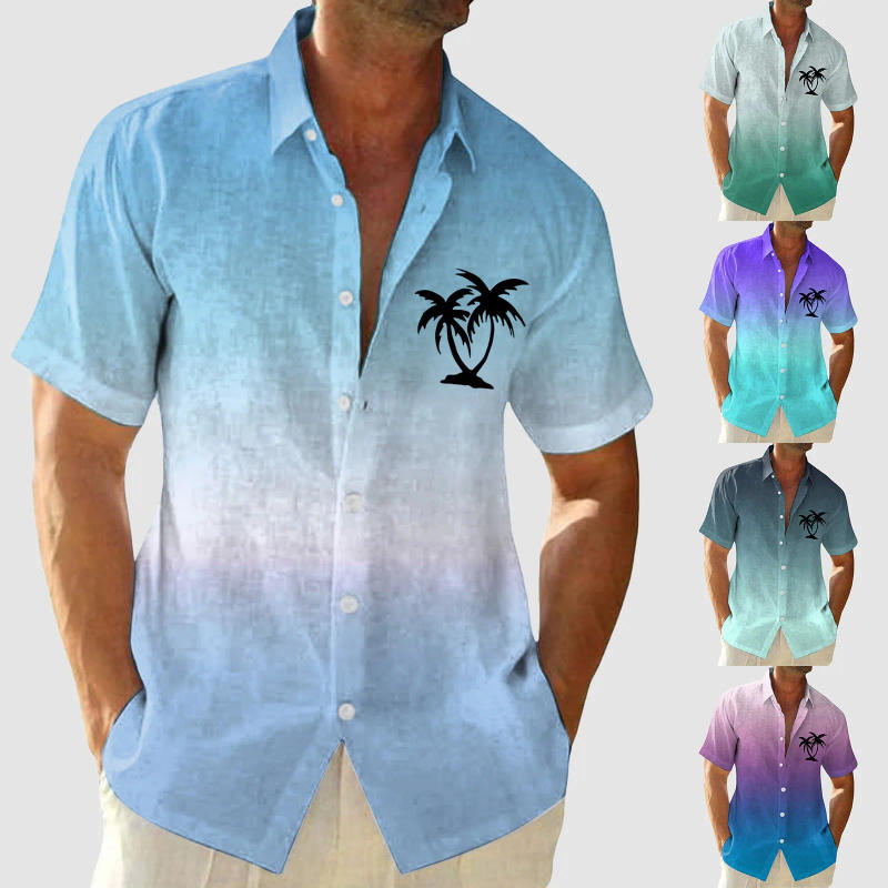 Description Picture 2 of itemHigh End Professional Casual Suit Shirt Men Short Sleeved Fashionable Color Gradient Printed Coconut Tree Pattern Ropa Hombre
