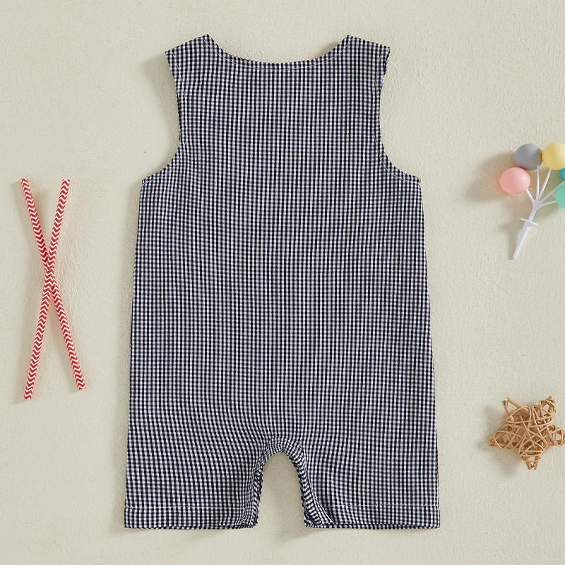 Description Picture 5 of itemBaby Boys Jumpsuit Sleeveless Plaid Embroidery Flag Overalls 4th of July Romper Clothes for Casual Daily