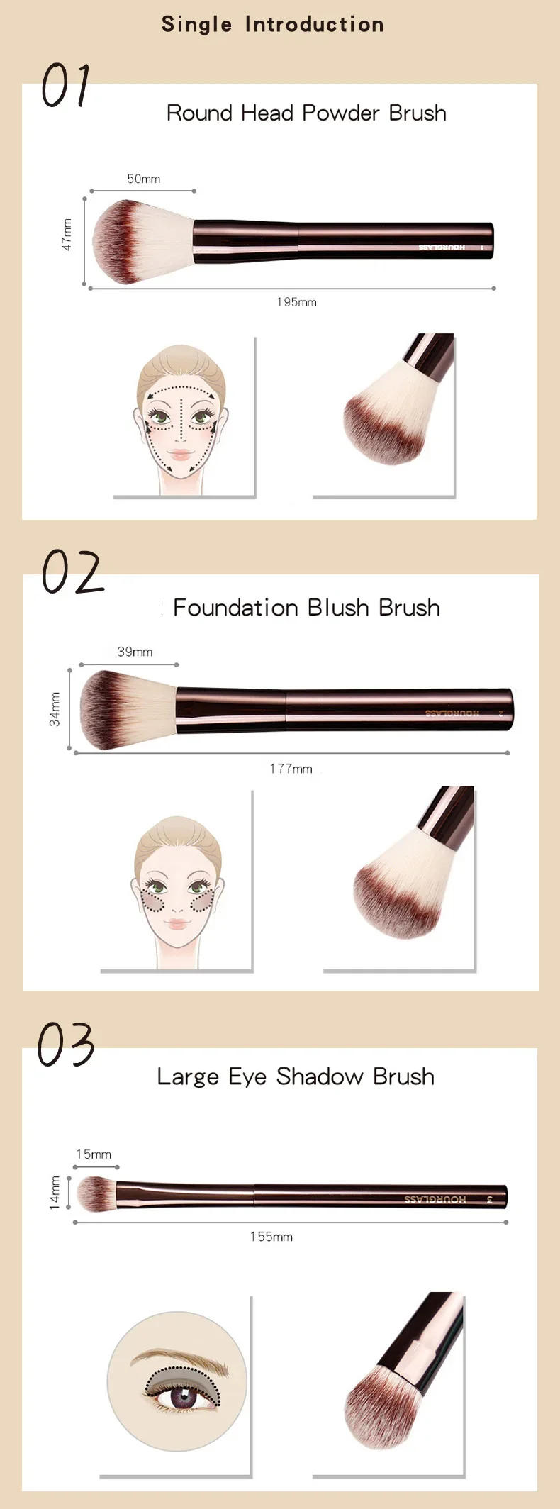 Description Picture 5 of itemHourglass Makeup Brush All Kinds Eyeshadow Foundation Concealer Powder Bronzer Blusher Eyeliner Retractable Professional Brushes