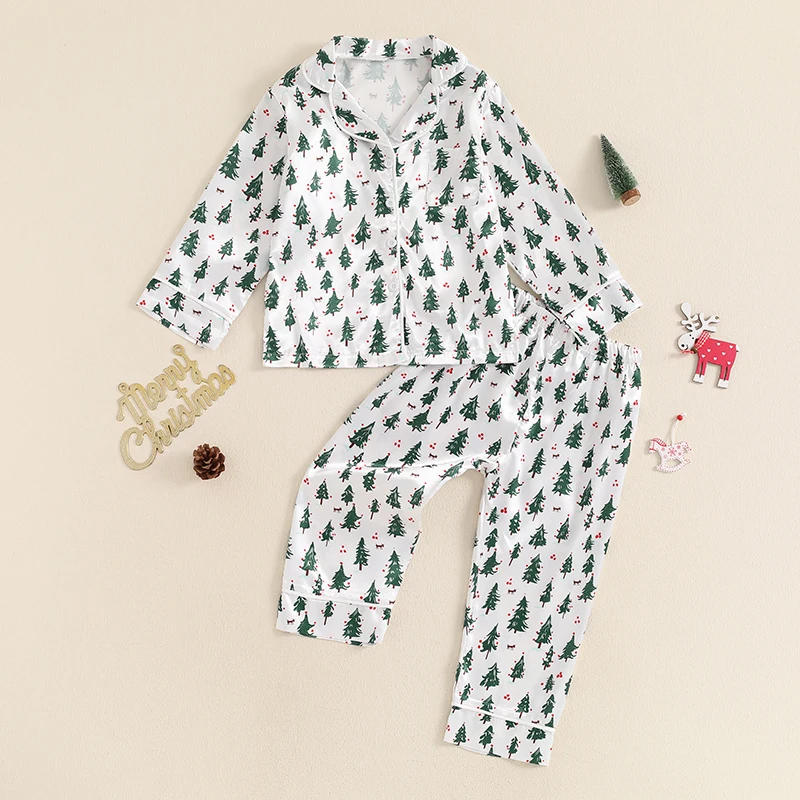 Description Picture 2 of itemKid Girl Boy Christmas Pajama Set Reindeer Print Long Sleeve Button Down Tops Elastic Waist Pants 2 Piece Set