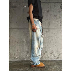 High Quality Wasteland Style Heavy Washed Distressed Ripped Brushed Jeans Trousers for Men