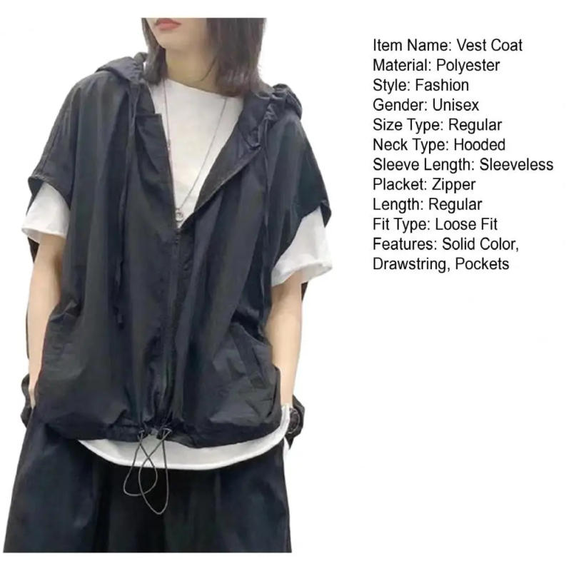 Description Picture 4 of itemAll-season Vest Hop Style Hooded Vest Jacket for Couples with Oversized Zipper Placket Lightweight Summer Waistcoat Coat Men