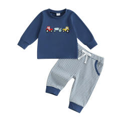 Toddler Boys Fall Outfits Car Embroidery Long Sleeve Sweatshirts and Stripe Long Pants 2Pcs Clothes Set