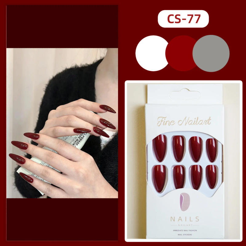 Description Picture 4 of item24pcs Almond Wine Red False Nails Classic Vintage Nail Stickers Fake Nails Press On Nail Tips Finished Long Artificial Nails
