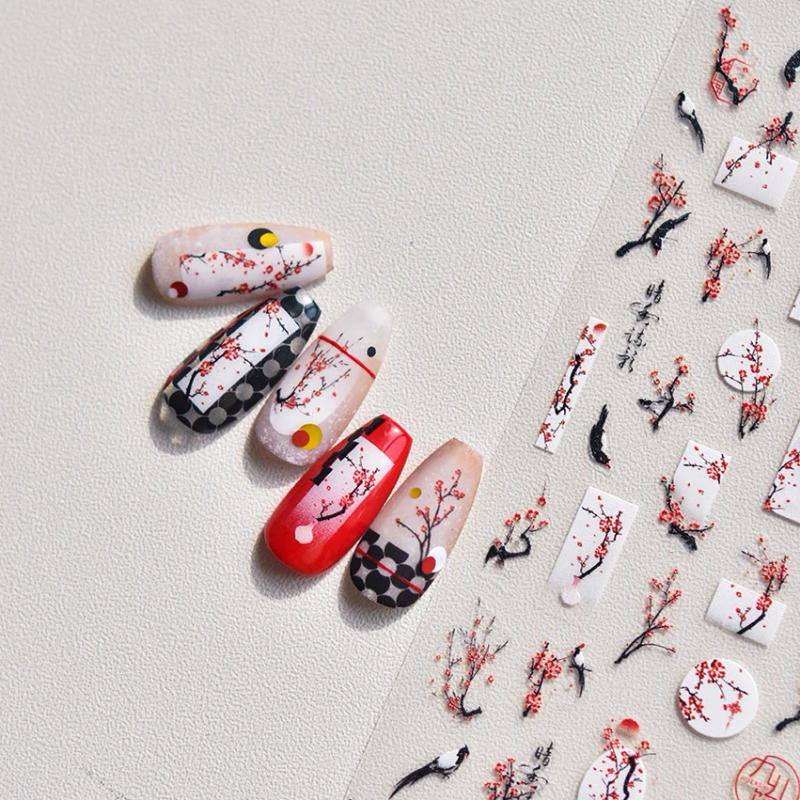 Description Picture 3 of itemRed Plum Blossom Flower Chinese 3D Self Adhesive Nail Art Decoration Stickers Cheongsam Iris Lily Lotus Vase 5D Manicure Decals