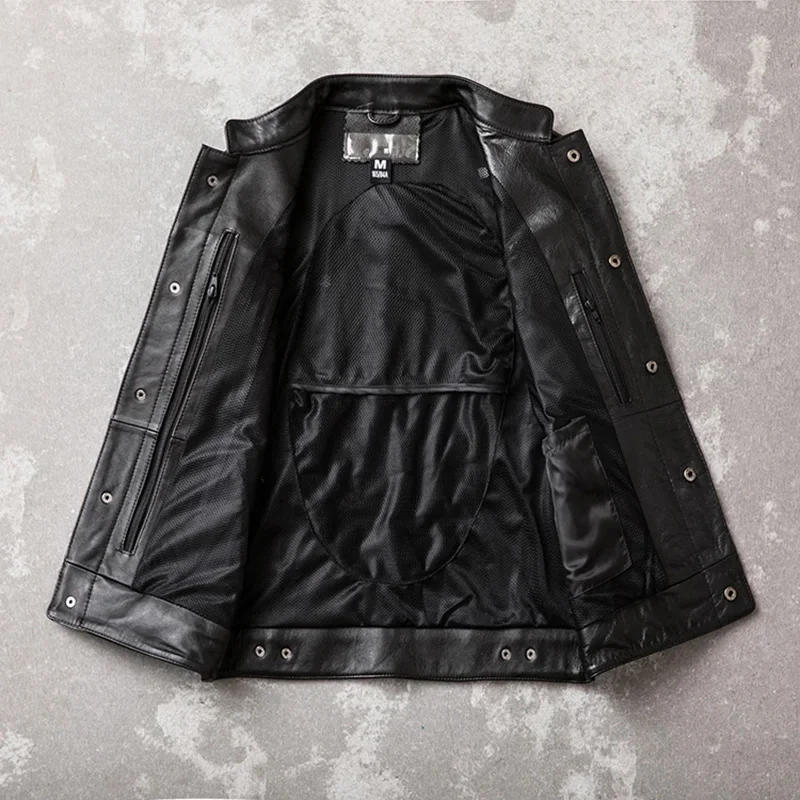 Description Picture 5 of itemMotorcycle Biker Leather Vest Men Genuine Cow Sleeveless Jackets 100% REAL Cowhide Stand Collar Waistcoat Outwear