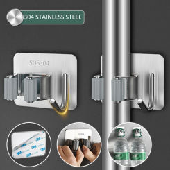 Wall Mount Self-Adhesive Hooks Mop Broom Holder Bathroom Kitchen Multi-Purpose Stainless Steel Punch-free Hook Home Organizer