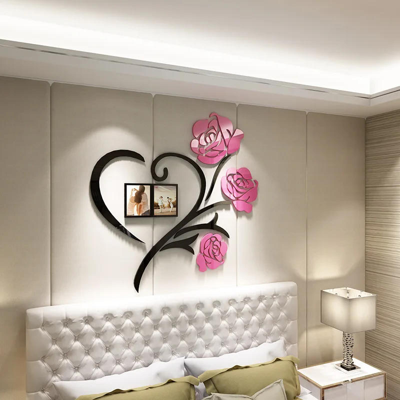 Description Picture 6 of item3D Heart Shaped Rose Acrylic Mirror Wall For Living Room Sofa TV Wall Bedroom Photo Frame Decoration Self-Adhesive DIY Art Decal