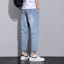 Men's Summer Pants Baggy Jeans New Men's Clothing Elastic Loose Small Straight Leg Cropped Jeans Casual Versatile Denim Trousers