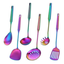 1-10PCS Stainless Steel Cooking Tools Soup Ladle Spoon Turner Spaghetti Serving Fork Restaurant Kitchenware Set Rainbow Cookware