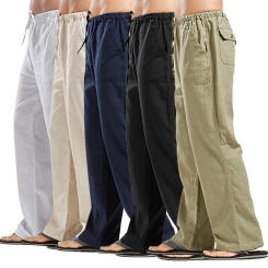 2022 new spring and autumn men's linen large size pocket trousers