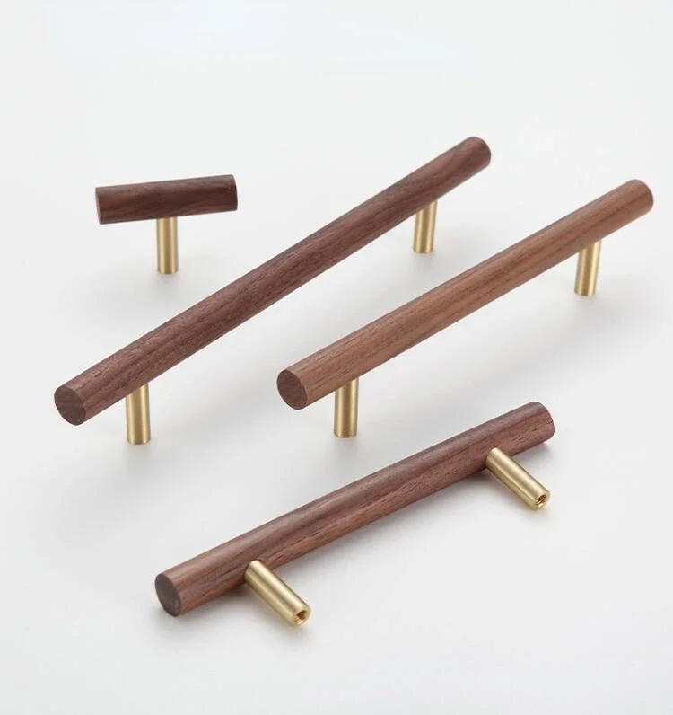 Description Picture 4 of itemNatural Walnut + Brass Furniture Handle Kitchen Cabinet Door Handles Drawer Pulls Wooden Long Handles for Furniture Hardware