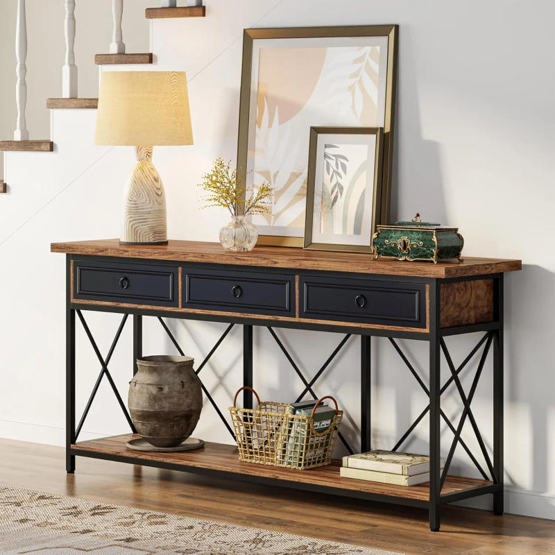 Description Picture 4 of item70.8" Console Table with 3 Drawers, Farmhouse Entryway Table with Storage Shelf, Narrow Long Sofa Foyer Table for Entryway,